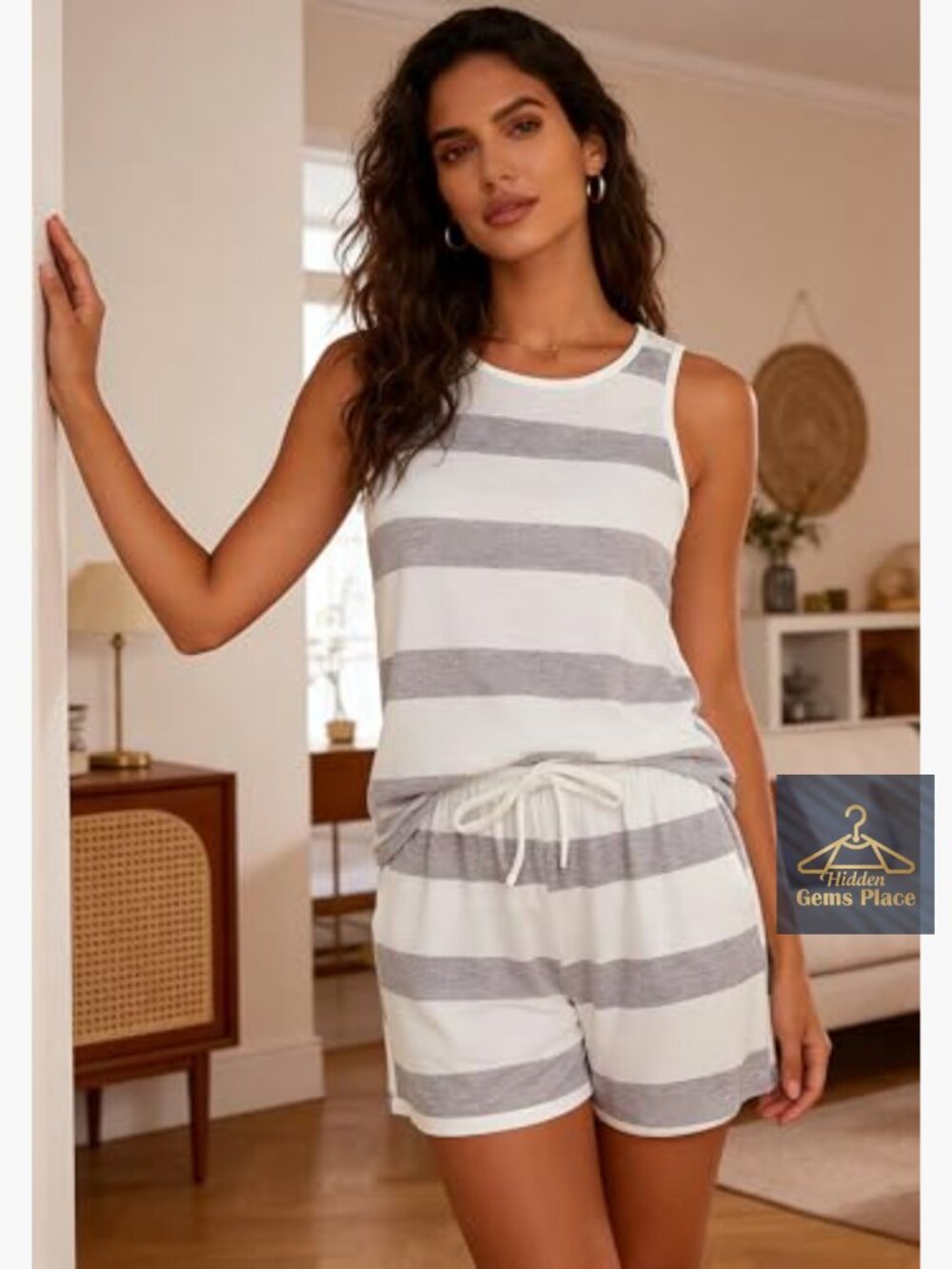Women's 2 Piece Striped Pajama Set Sleeveless Top Shorts Loungewear S-XL - Picture 2 of 7